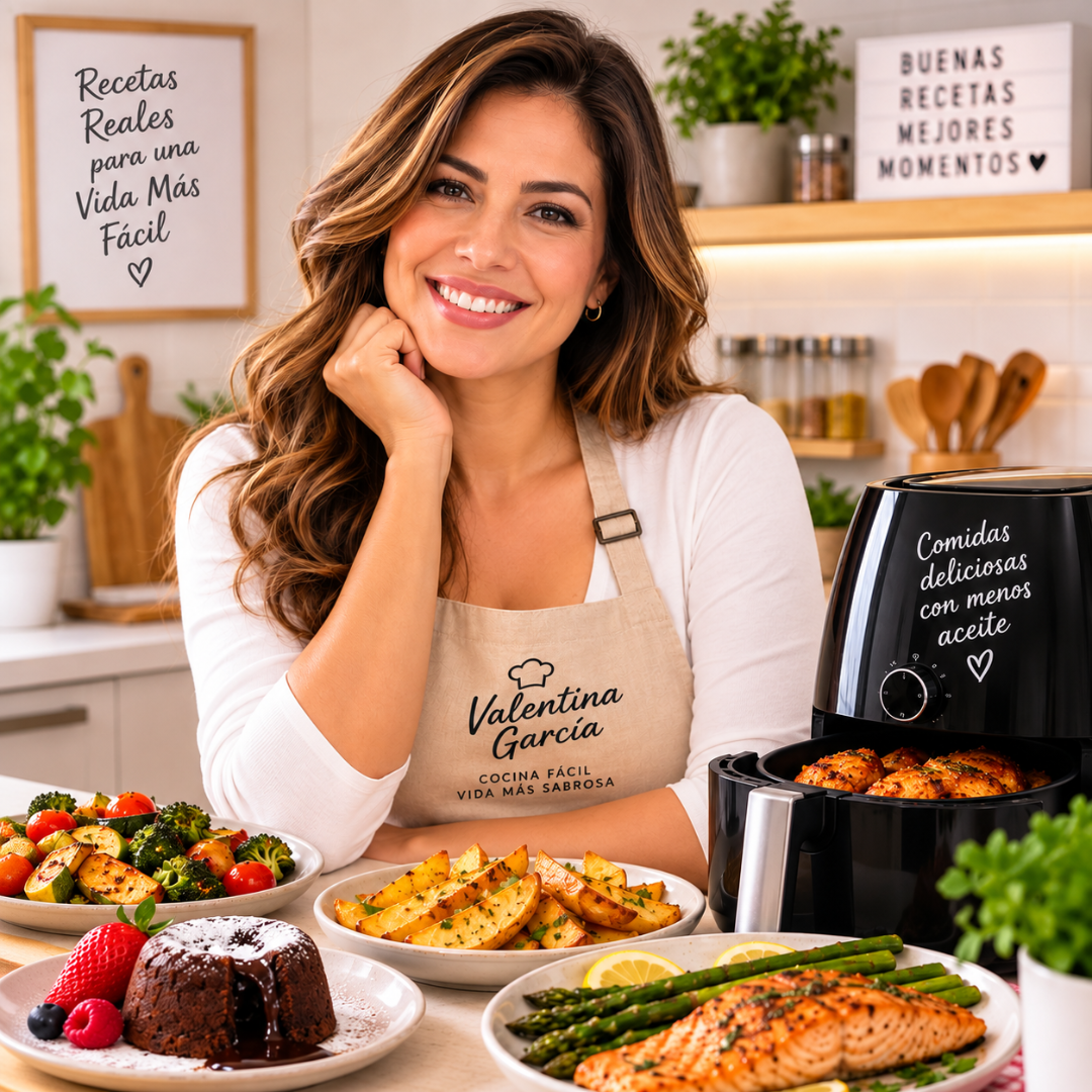 Valentina García en una cocina moderna junto a su Air Fryer