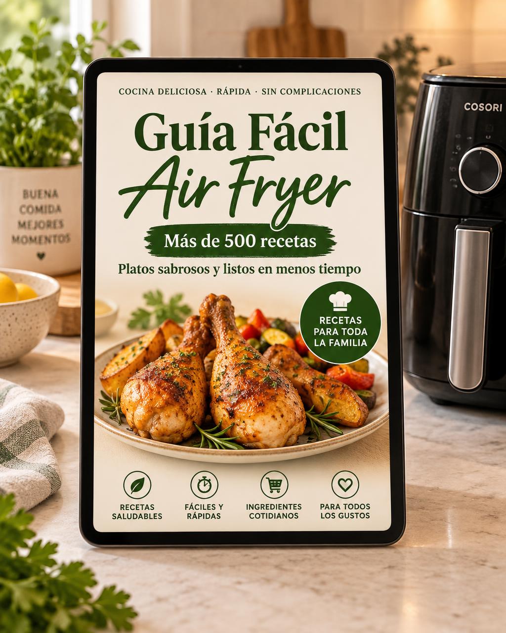 Recetario digital Guía Fácil Air Fryer en una tablet junto a una Air Fryer